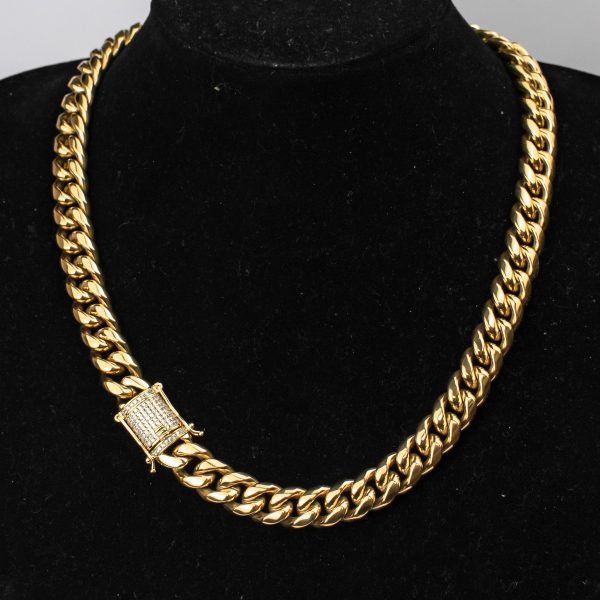 Cadena Cubana Lisa Enchapado En Oro 24k Con Cierre De Zirconias 10mm - Imagen 2