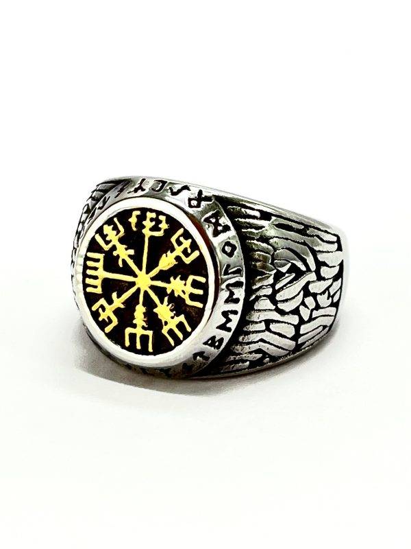 Anillo Retro Circular Vikingas Acero Inoxidable Detalle dorado - Imagen 2