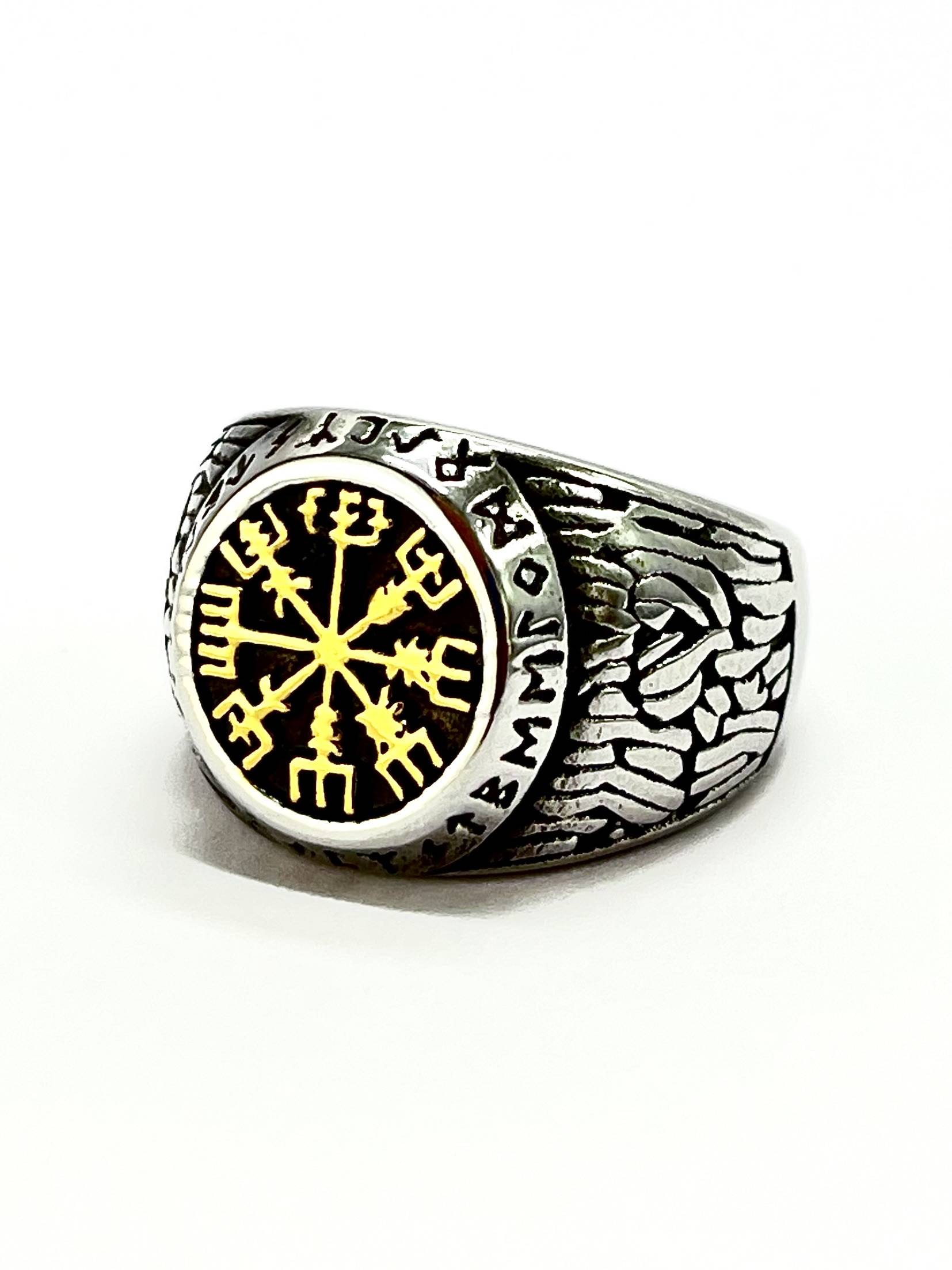 Anillo Retro Circular Vikingas Acero Inoxidable Detalle dorado - Imagen 2