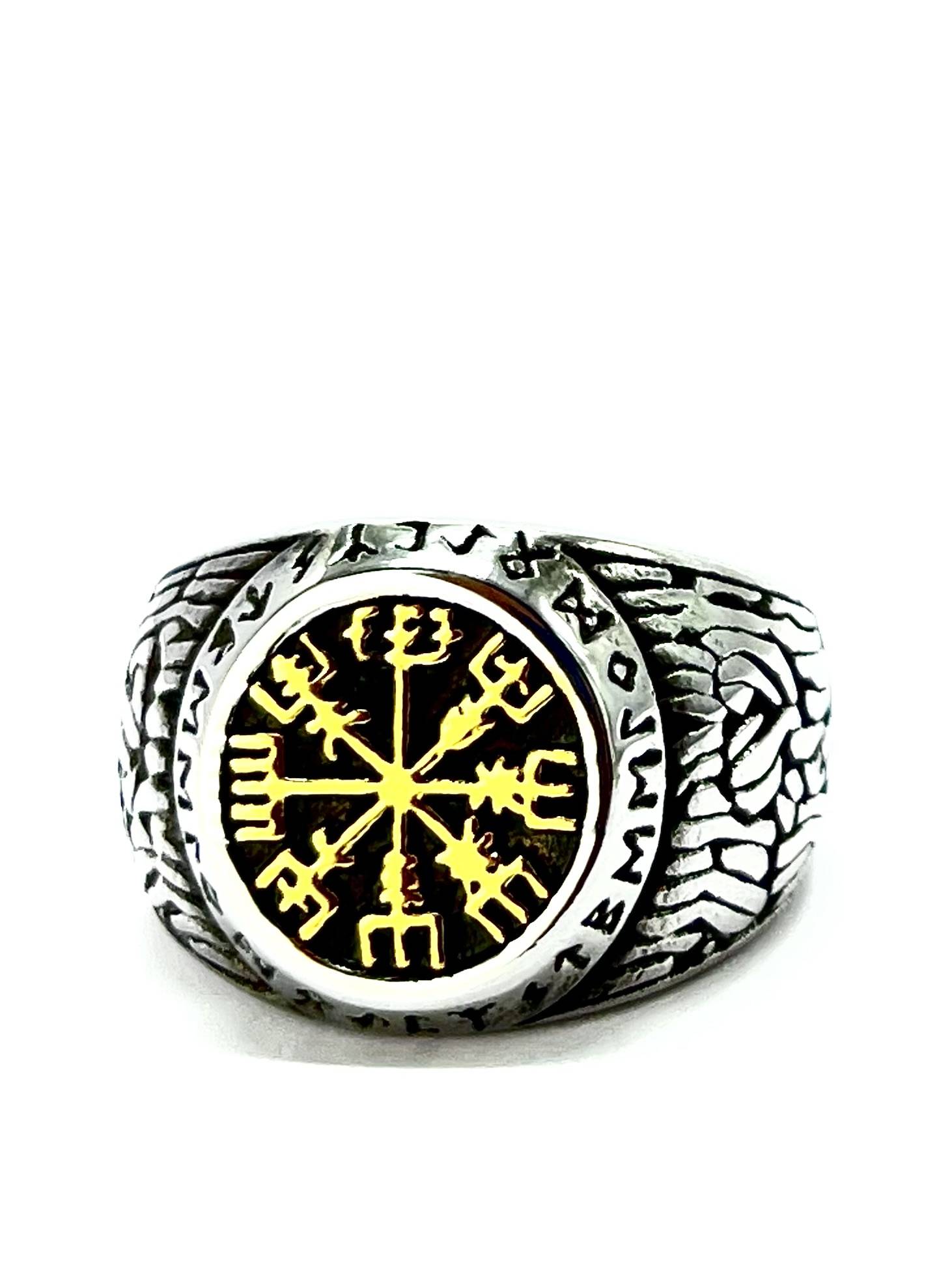 Anillo Retro Circular Vikingas Acero Inoxidable Detalle dorado - Imagen 3